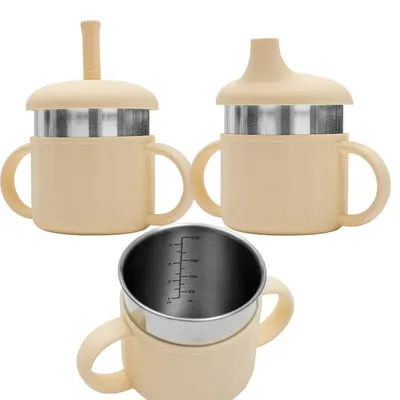 Canuta, New Baby, Cu manere si gura de scurgere care poate fi folosita de sine statatoare sau cu pai, 50% silicon, 50% otel inoxidabil, Fara BPA, 0 luni+, Beige