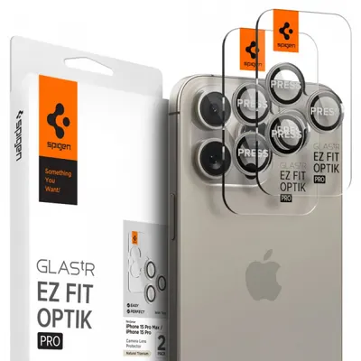 Folie de protectie Camera Spate Spigen GlastR EZ FIT Optik Pro pentru Apple iPhone 16 Pro Max, Sticla Securizata, Set 2 bucati, Gri AGL07163