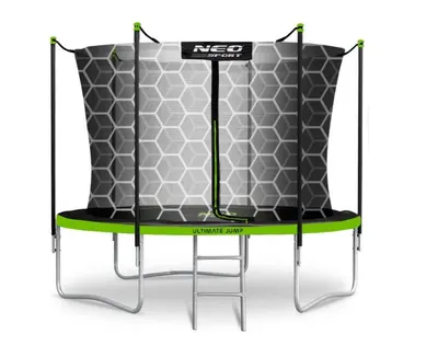 Trambulina de gradina pentru copii Neo-Sport, 252 cm 8ft, cu scara si plasa interioara, stalpi metalici cu protectie din burete, intrare cu fermoar si catarama, covoras impermeabil flexibil