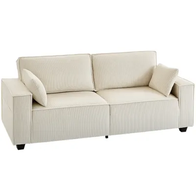 HOMCOM Canapea 3 locuri din velur canelat 218 cm, canapea de living, perne cu arcuri, cotiere late, 2 perne, bej | Aosom Romania
