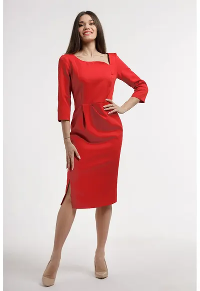 Rochie midi cu slit lateral - Rosu vermillion