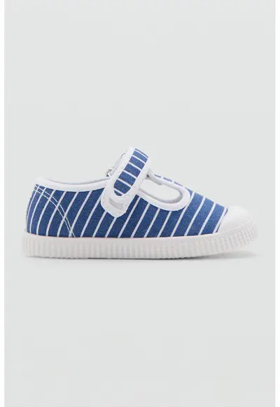 Pantofi cu velcro si dungi - Alb/Albastru