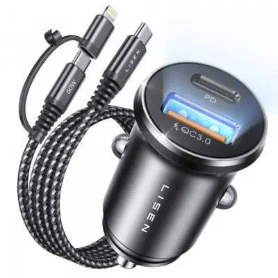 Incarcator Auto Cu Cablu USB-C / Lightning Lisen, 48W, 3A, 1 x USB-A - 1 x USB-C, Negru YL0223080035