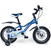 Bicicleta pentru copii 5-8 ani KidsCare HappyCycles 16 inch cu roti ajutatoare si frane pe disc albastru, inaltimea intre 110 cm si 125 cm, scaun reglabil pe inaltime, claxon pe ghidon