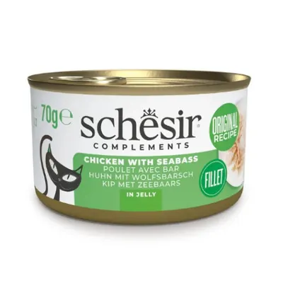 Hrana umeda pentru pisici Schesir conserva Pui si Biban in jeleu 70gr