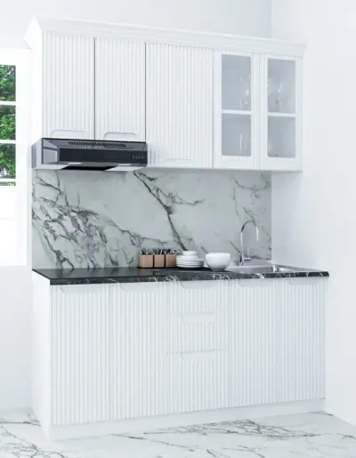 Set bucatarie SPACE 160 cm, 6 corpuri, cu sertare, blat termorezistent, fronturi MDF, alb rustic