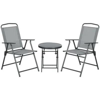 Outsunny Set de Exterior din 3 Piese cu Masă cu Blat din Sticlă și 2 Scaune Pliabile din Plasă, Ф45x50 cm, Gri Deschis | Aosom Romania