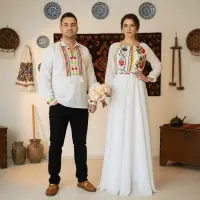 Set Cuplu Traditional 220 Camasa Traditionala si Rochie cu motive traditionale