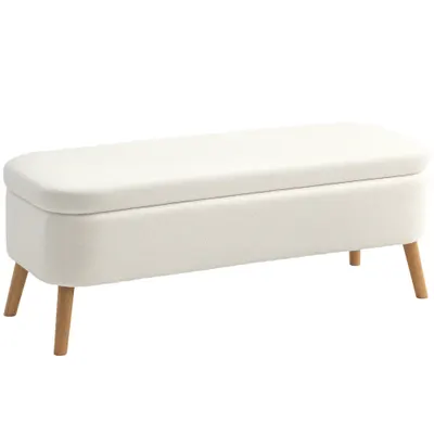 HOMCOM Bancă de depozitare, bancă cu 65 L spațiu de depozitare, material Teddy-Fleece, lemn de cauciuc, 120 x 42 x 45 cm, alb crem | Aosom Romania