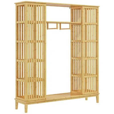 HOMCOM Dulap Deschis din Bambus cu 2 Uși Glisante, Garderobă cu Rafturi și Bară de Haine, 145x35x165 cm, Lemn Natural | Aosom Romania