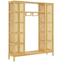 HOMCOM Dulap Deschis din Bambus cu 2 Uși Glisante, Garderobă cu Rafturi și Bară de Haine, 145x35x165 cm, Lemn Natural | Aosom Romania