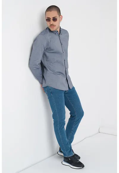 Camasa regular fit de bumbac cu guler Oxford Rickert - Albastru prafuit