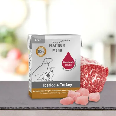 PLATINUM, XS-XL, Iberico și Curcan, tetra pack hrană umedă fără cereale câini, (în suc propriu), 185g