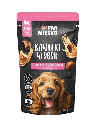 PAN MIĘSKO Bucățele în sos cu vițel și prepeliță, hrană umedă pentru căței 150 g