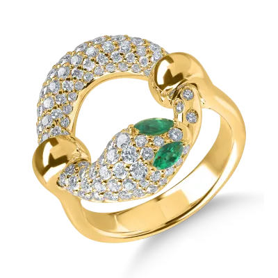 Inel sarpe din aur galben cu smaralde marquise de 0.1ct si diamante de 1.3ct
