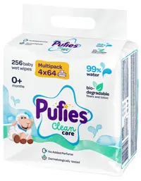 Șervețele umede pentru bebeluși Pufies Clean Care - 99% apă, pachet multiplu 4 x 64 bucăți