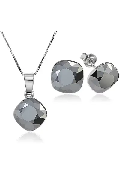 Set Argint 925 placat cu rodiu cu cristale Swarovski® Princess Square 10mm Surub + Lant - Argintiu