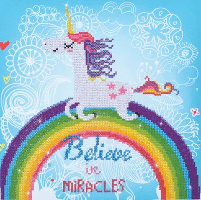 Tablou cu diamante - Unicorn pe curcubeu (Believe in miracles), 35 x 35 cm