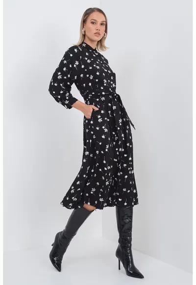 Rochie midi cu model floral si maneci trei sferturi - Negru/Grej