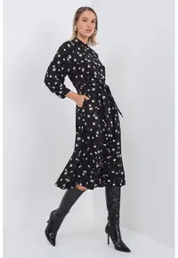 Rochie midi cu model floral si maneci trei sferturi - Negru/Grej