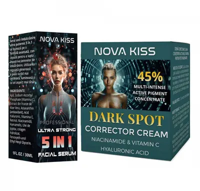 Set Facial Profesional Contra Petelor Pigmentare cu Ser 5 in 1 Formula Ultra Puternica si Crema Corectoare cu 45% Concentrat Activ, NOVA KISS