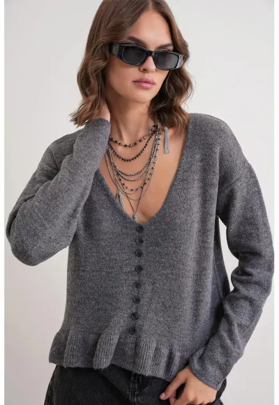 Pulover dama - Decolteu in V - Tricot - Gri inchis