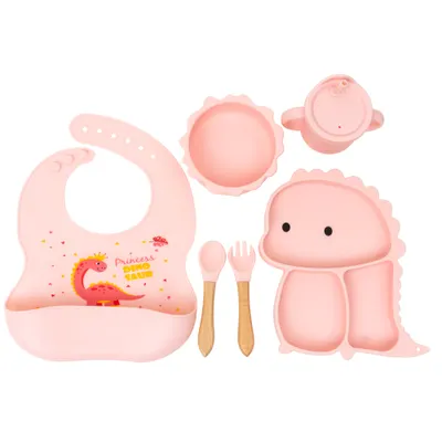 Set 6 piese pentru hranire bebelus, din silicon, model dinozaur, roz Z-TOOLS / ZTS 9095 Engros
