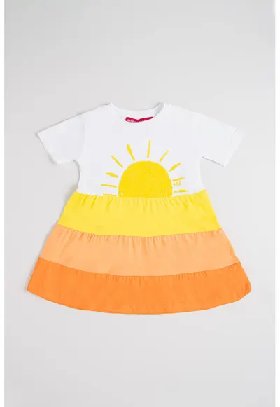 Rochie evazata de bumbac - Alb/Galben/Portocaliu