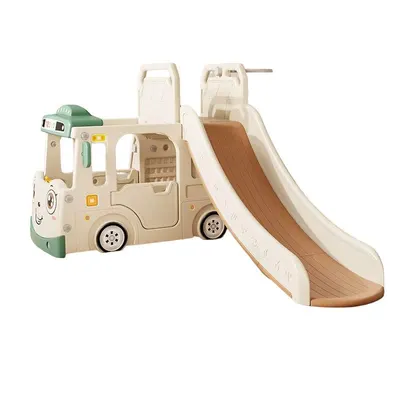 Spatiu de joaca 3 in 1 pentru copii Nichiduta Garden Happy Bus White cu tobogan, cos de baschet, 190 x 210 x 116 cm, utilizare interiorexterior, usa cu deschidere, margini rotunjite