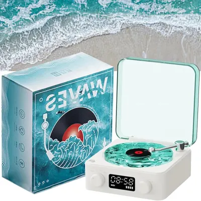Boxa Portabila Vintage model Vinyl Timebox, cu Lumini, Proiectii de valuri si Timp Reglabil pentru Dormitor si Petreceri, Lampa de veghe tip proiector, AUX, Bluetooth, Card TF, Sunet Surround 360°, Alb