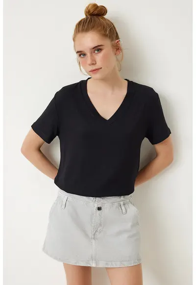 Tricou dama - Happiness Istanbul - simplu - maneca scurta - negru - viscoza-elastan