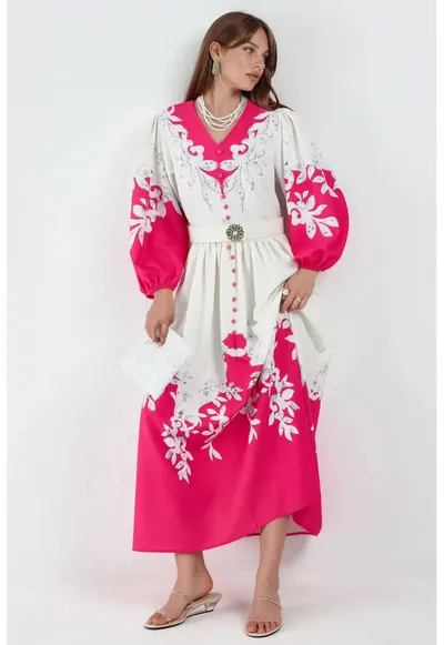 Rochie Maxi - Floral - Alb - Maneca lunga - Decolteu in V - Nasturi