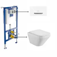 Set vas wc rimless suspendat, dreptunghiular, Foglia Bristol cu rezervor incastrat si clapeta de actionare dual-flush, alba cu 2 butoane cromate ViConnect, Villeroy Boch