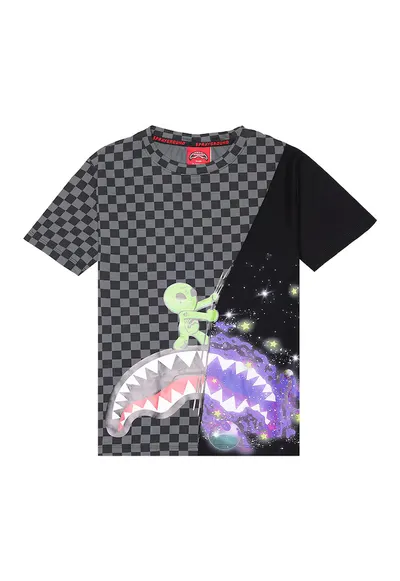 Tricou cu decolteu la baza gatului si model in carouri Cosmic Ray - Negru/Violet deschis/Gri inchis