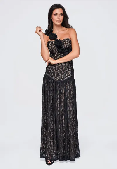 Rochie maxi eleganta cu decolteu sweetheart si aplicatii florale LA-OM-DLR429 - Negru