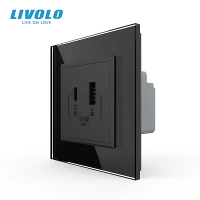 Priza dubla USB + USB tip C, cu rama sticla Negru