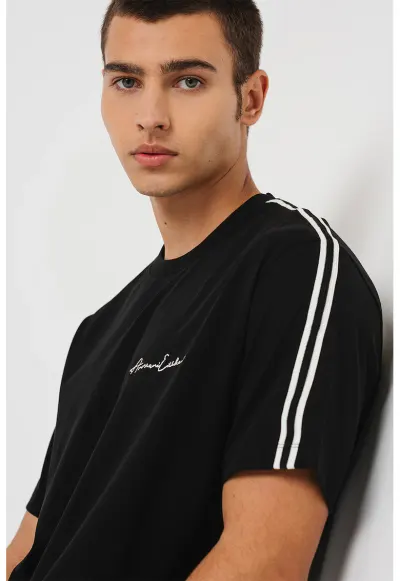 Tricou de bumbac cu decolteu la baza gatului - Negru/Alb optic