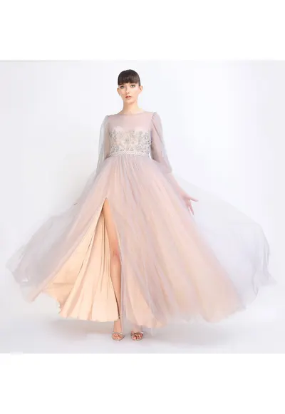 Rochie maxi din tul cu crapatura adanca pe picior Kasia - Gri/Bej