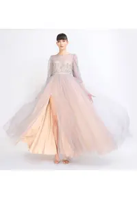 Rochie maxi din tul cu crapatura adanca pe picior Kasia - Gri/Bej