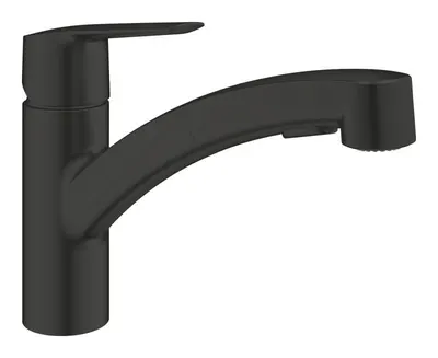 Baterie de bucatarie Grohe Start 303072431, 3/7'', tip L, pipa medie, pivotanta, dus extractabil, mat, Negru