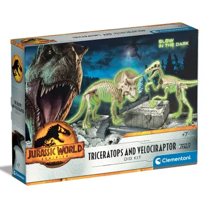 Kit arheologic, Clementoni, Glow in the Dark, Triceratops si Velociraptor