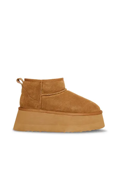 Ghete slip-on flatform din piele intoarsa - Maro deschis