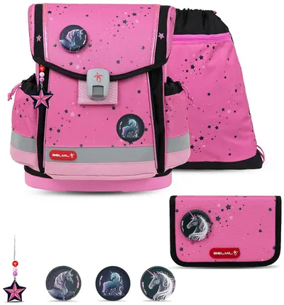 Set școlar Belmil - Pink Black, Ghiozdan, penar, sac și 3 insigne