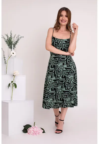 Rochie midi din amestec de in cu imprimeu Calista - Negru/Verde pal