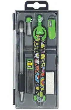 Trusa compas scolar cu 6 accesorii. Verde