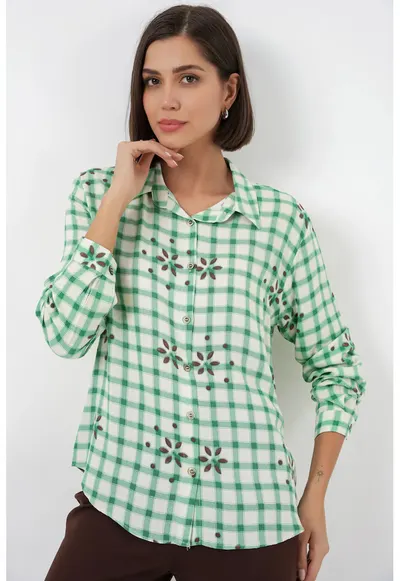 Camasi dama - camasa cu nasturi - carouri - verde - 100% viscoza