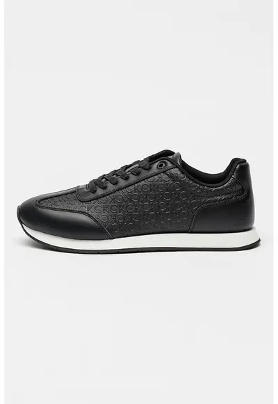 Pantofi sport din piele cu model monograma in relief - Negru