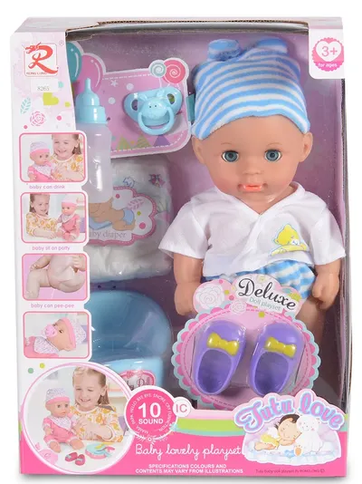 Păpușă care face pipi Moni - Albastru, 31 cm