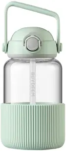 Sticlă de sticlă cu pai BUYDEEM - Cozy Greenish, 1 l