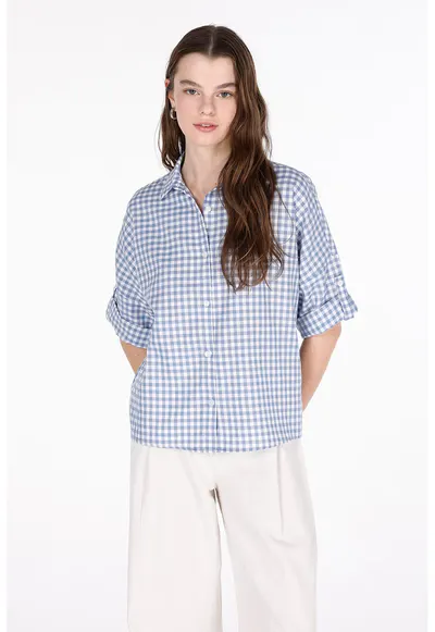 Camasa cu model gingham cu maneci medii - Alb/Albastru